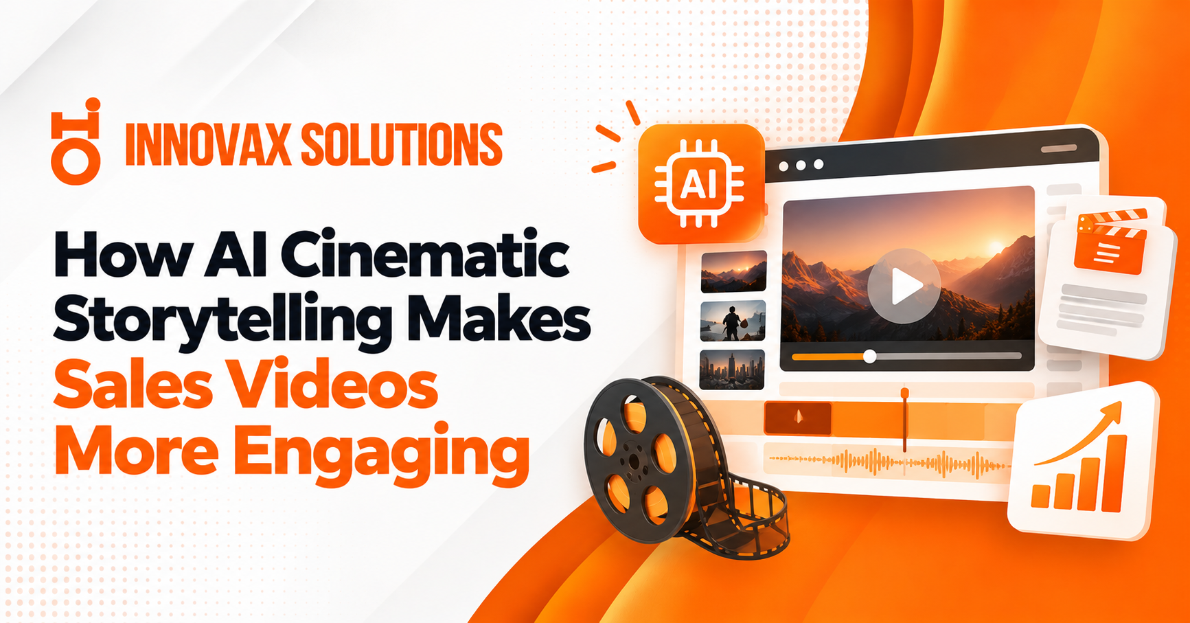 AI cinematic storytelling transforming traditional hard sales videos into engaging visual narratives with Innovax Solutions branding.